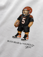 Who Dey Blitz Bear DTG print macro detail on heavyweight cotton